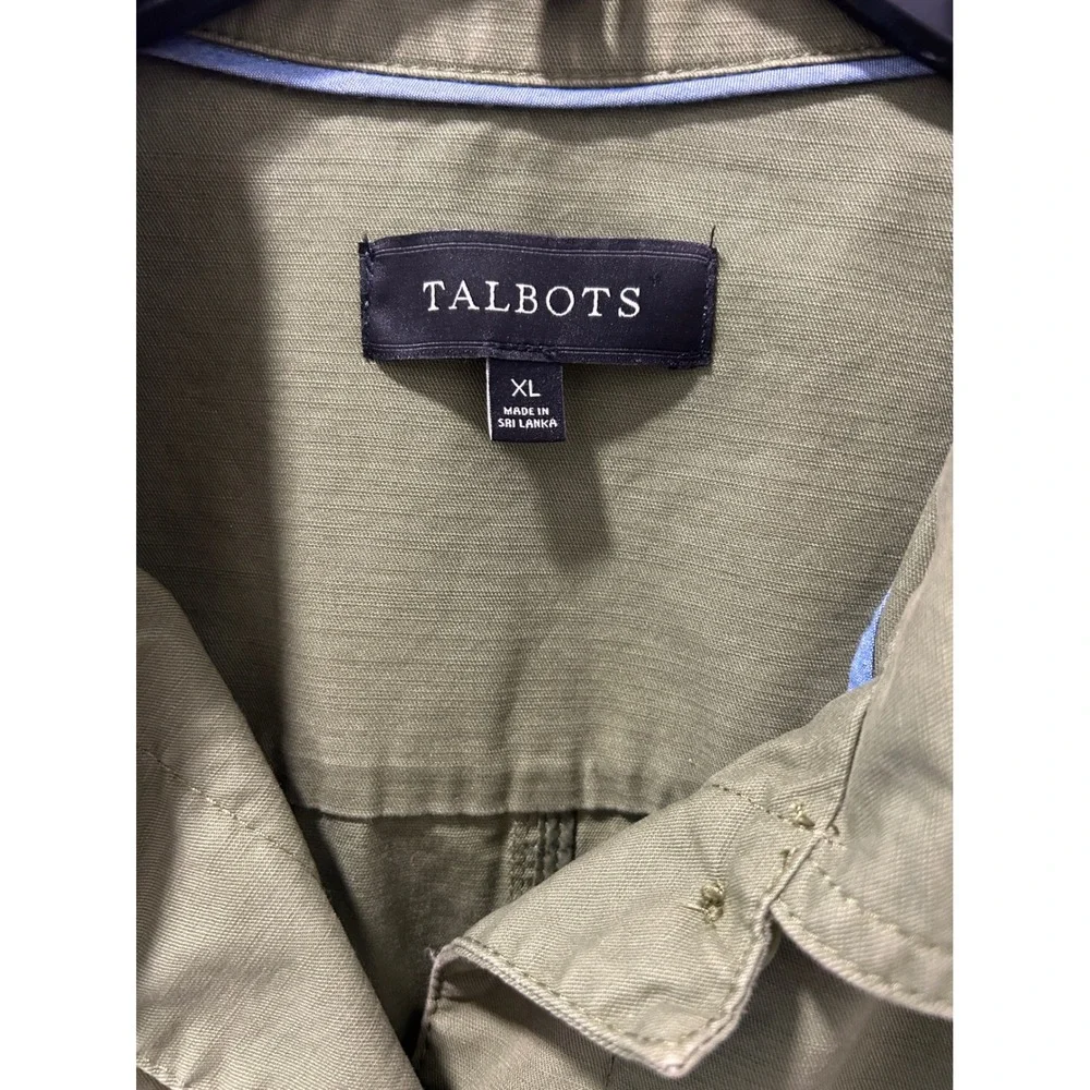 Talbots Womens XL Olive Green 100% Cotton Utility Jacket Pom Pom Trim Field Coat
